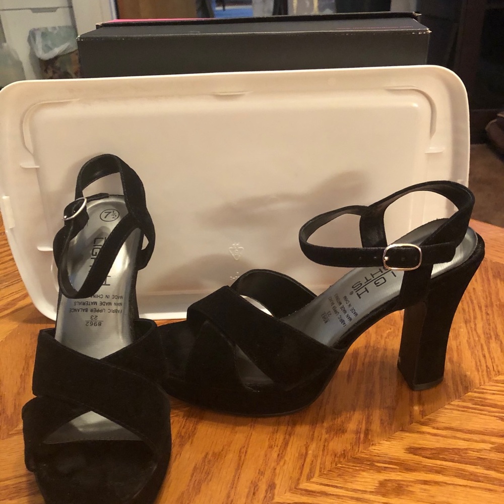 Black velvet strap heel with 4 inch heel